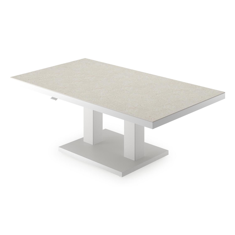 Cirello Pop up loungetafel in wit aluminium en beige volkeramiek - L 140 x B 80 x H 71,6 cm