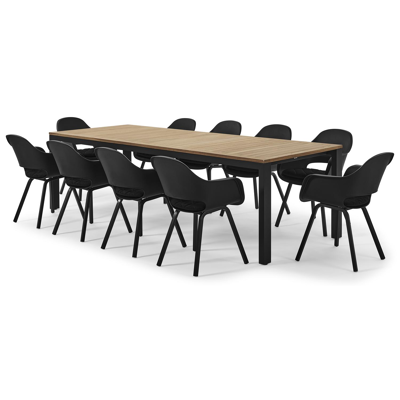 Trente tuinset in zwart aluminium en teak naturel tafelblad met 10 Artena tuinstoelen