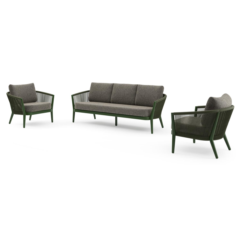 Orso loungeset in groen aluminium en groen verticaal geweven ronde rope met Marbella Tunder all weather cosytica kussen
