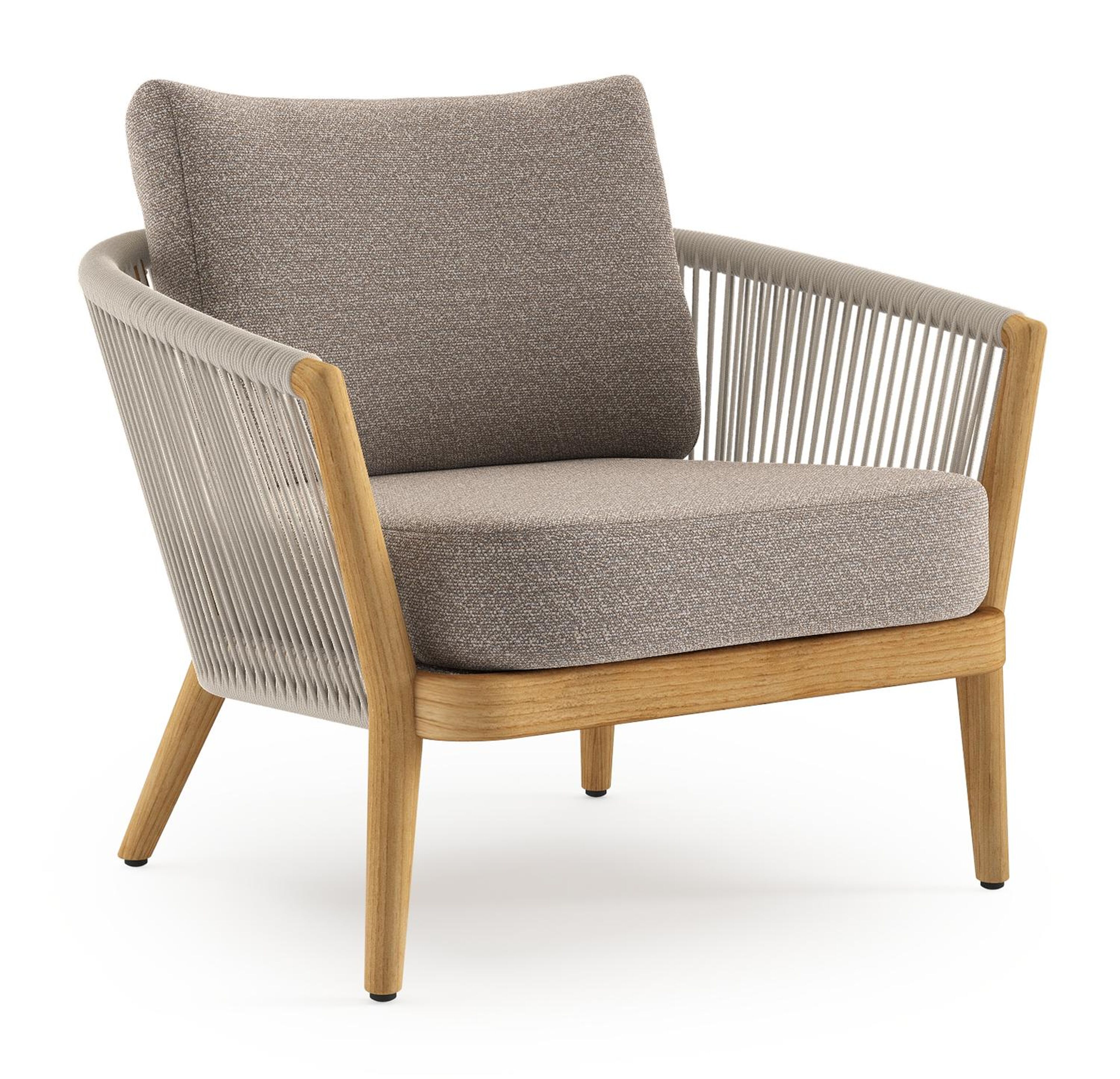 Orso loungestoel in teak en beige verticaal geweven ronde rope met Wander Manioc all weather sunbrella® luxe kussen