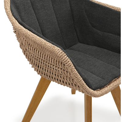 Pagino tuinstoel in teak en naturel ronde wicker met zitkussen in All Weather Sunbrella® Luxe Chartres Sooty