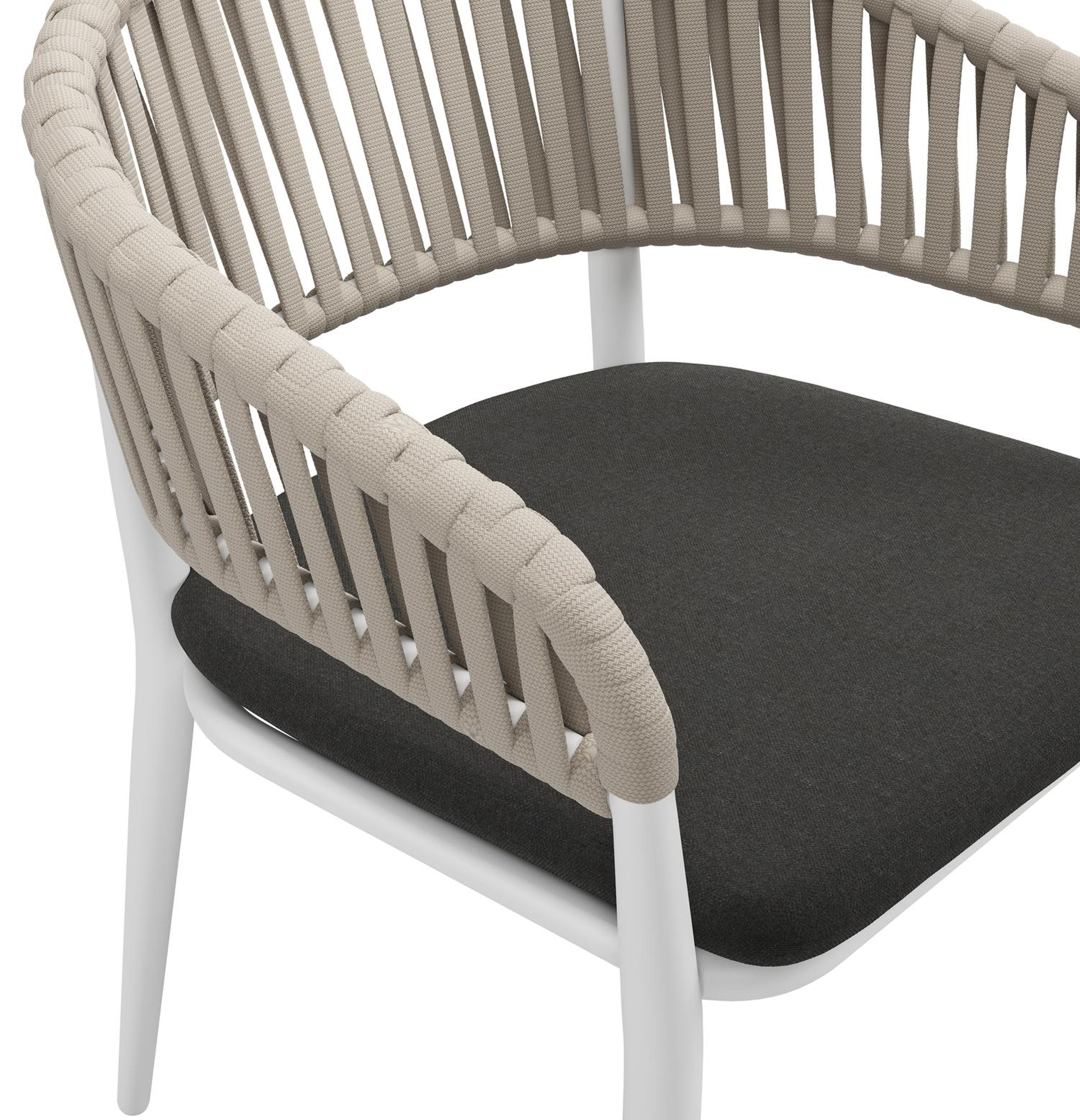 Tolfa stapelbare tuinstoel in wit aluminium en beige verticaal geweven luxe vlakke brede rope met stoelkussen in All Weather Sunbrella® Luxe Natte Sooty