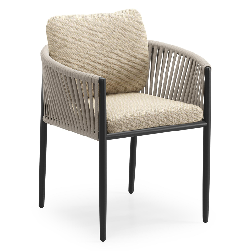 Organo tuinstoel in zwart aluminium en beige verticaal geweven luxe vlakke rope met zitkussen in All Weather Cosytica Althea Camel