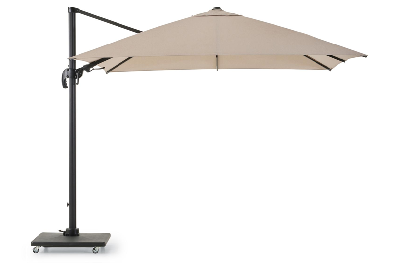 Avola zweefparasol met tiltfunctie in zwart aluminium en natural Weather+ Softtouch parasoldoek - L1 300 x L2 300 cm met Avola parasolvoet 90 kg