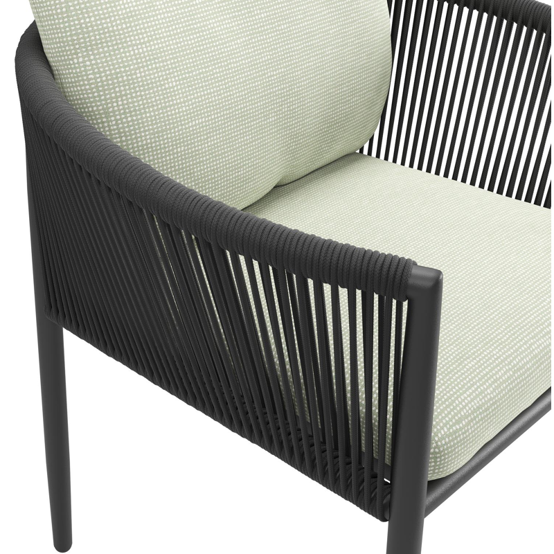 Organo tuinstoel in beige aluminium en beige verticaal geweven ronde rope met stoelkussen in All Weather Sunbrella® Luxe Slow Spirea