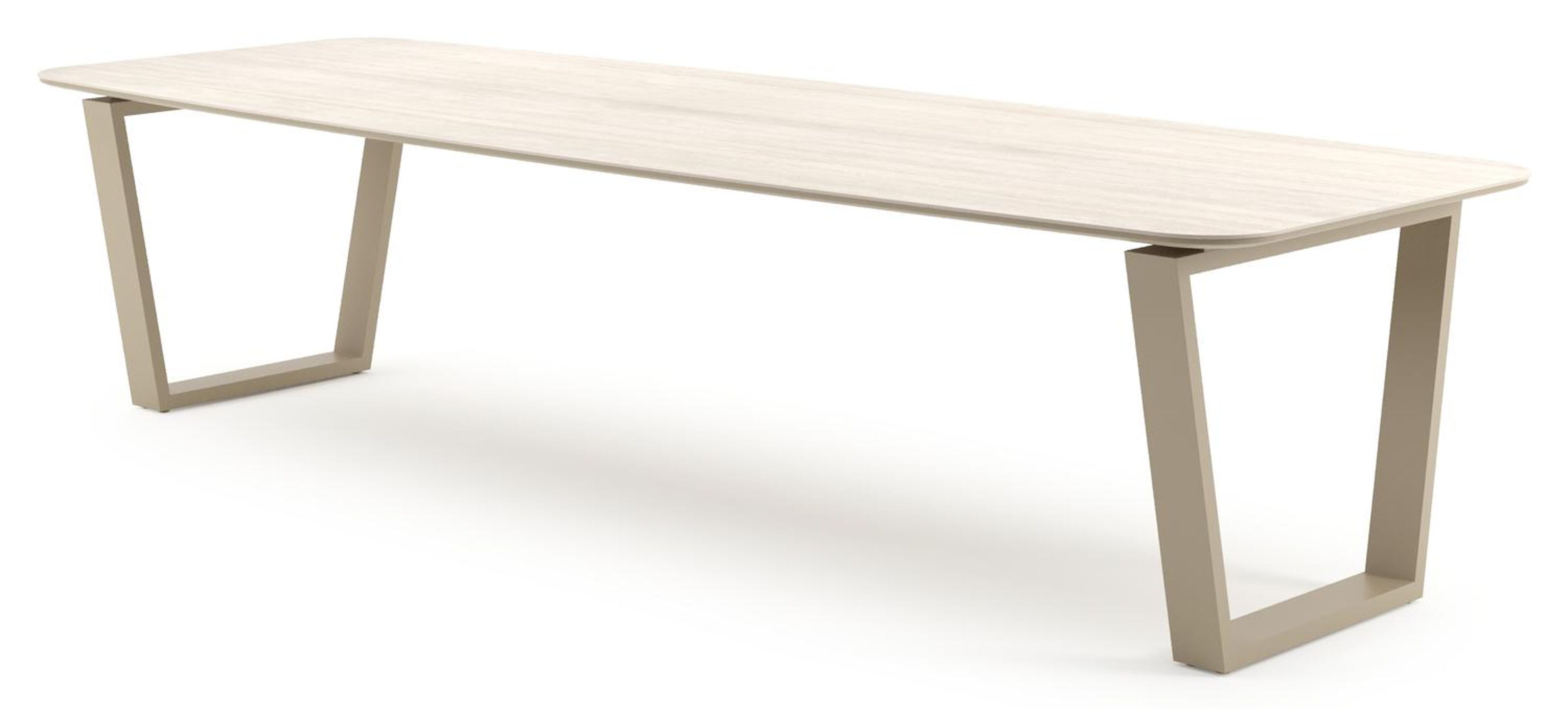 Table de jardin Pagino forme de bateau en aluminium beige et céramique pleine Travertino Bianco - Lg. 315 x Lrg. 115 x Haut. 73 cm