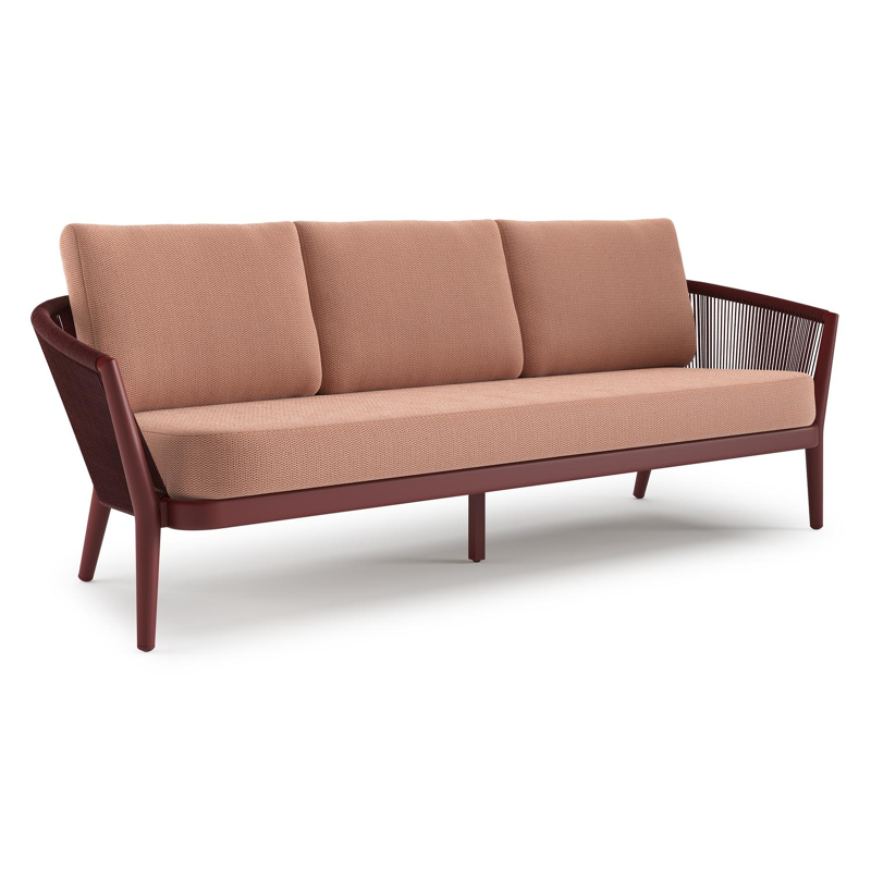 Orso loungebank in ruby aluminium en ruby verticaal geweven ronde rope met Lopi Fawn all weather sunbrella® luxe kussen