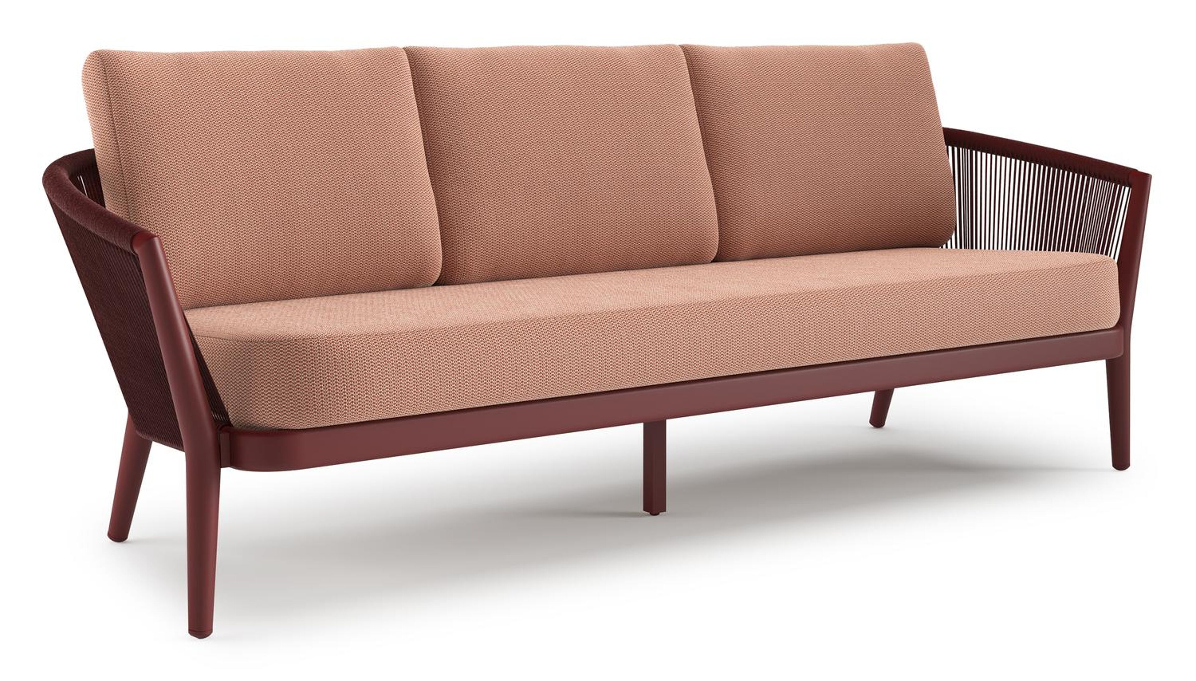 Orso loungebank in ruby aluminium en ruby verticaal geweven ronde rope met Lopi Fawn all weather sunbrella® luxe kussen