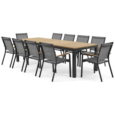 Trente tuinset in zwart aluminium en teak naturel tafelblad met 10 stapelbare Amalfi tuinstoelen