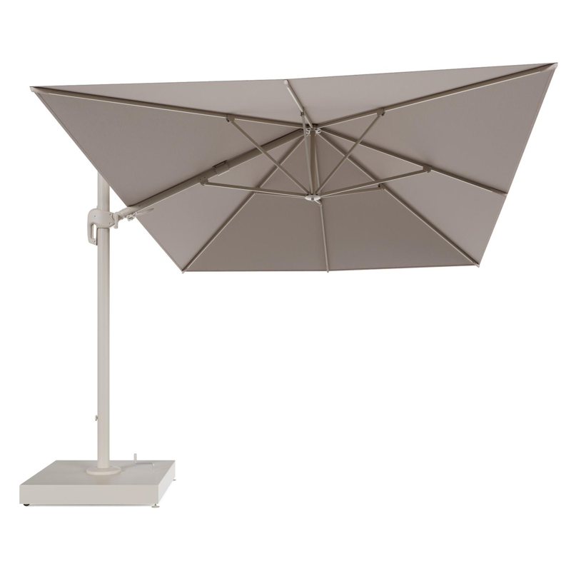 Rufina zweefparasol met tiltfunctie in beige aluminium en Wander Pilat All Weather Sunbrella® Luxe parasoldoek - L1 400 x L2 300 cm met parasolvoet Minore 260 kg met wielen