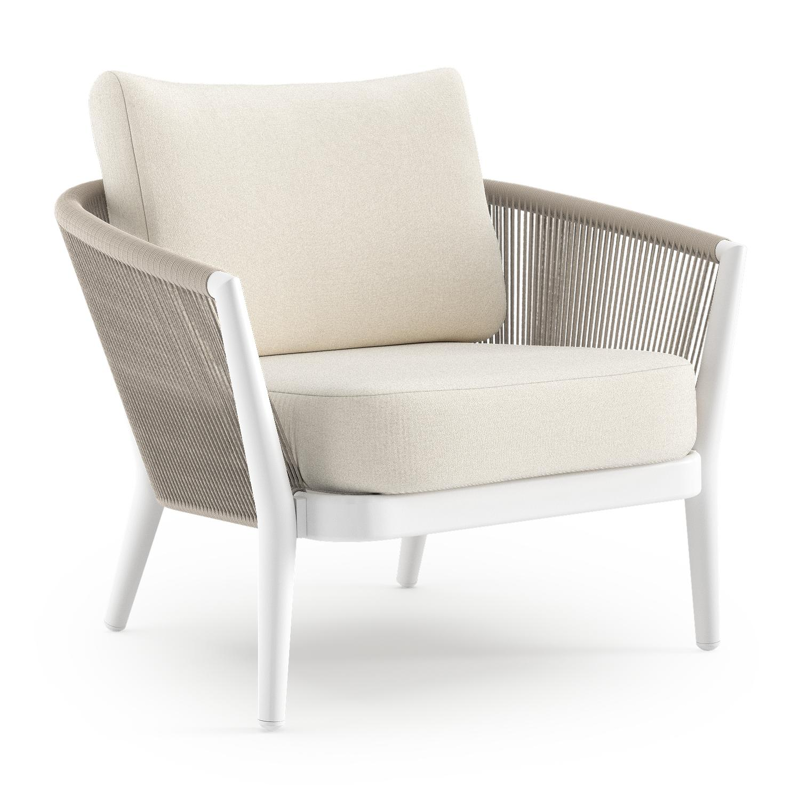 Fauteuil de jardin Orso en aluminium blanc en corde ronde tissée verticalement beige et coussins en all weather sunbrella® luxe Natte White