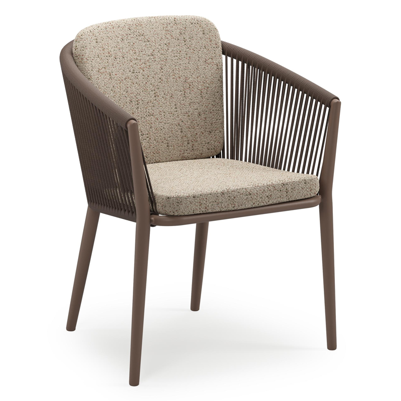 Chaise de jardin empilable Orso en aluminium taupe et corde ronde tissée verticalement taupe avec coussin en All Weather Cosytica Bora Jungle