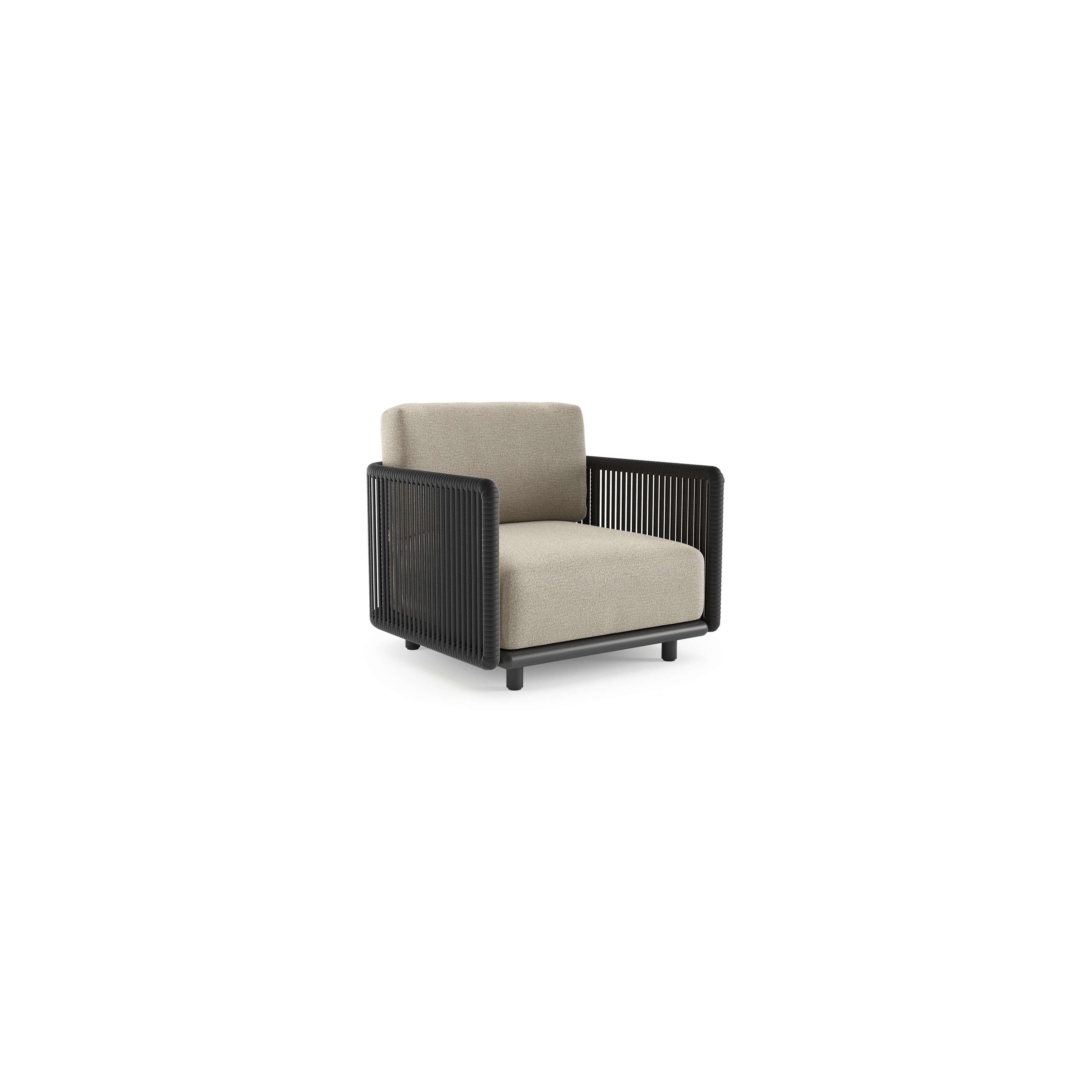 Fauteuil de jardin Organo en aluminium noir et corde luxe plate tissée verticalement noir et coussin en all weather Cosytica catania sand
