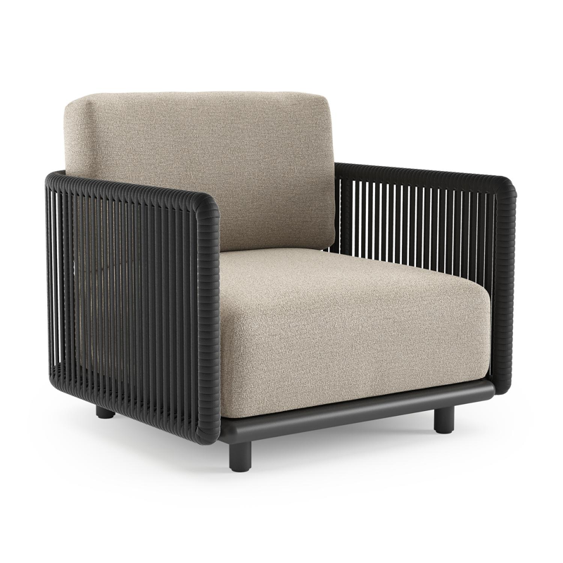 Organo loungestoel in zwart aluminium en zwart verticaal geweven luxe vlakke rope met catania sand all weather Cosytica kussen
