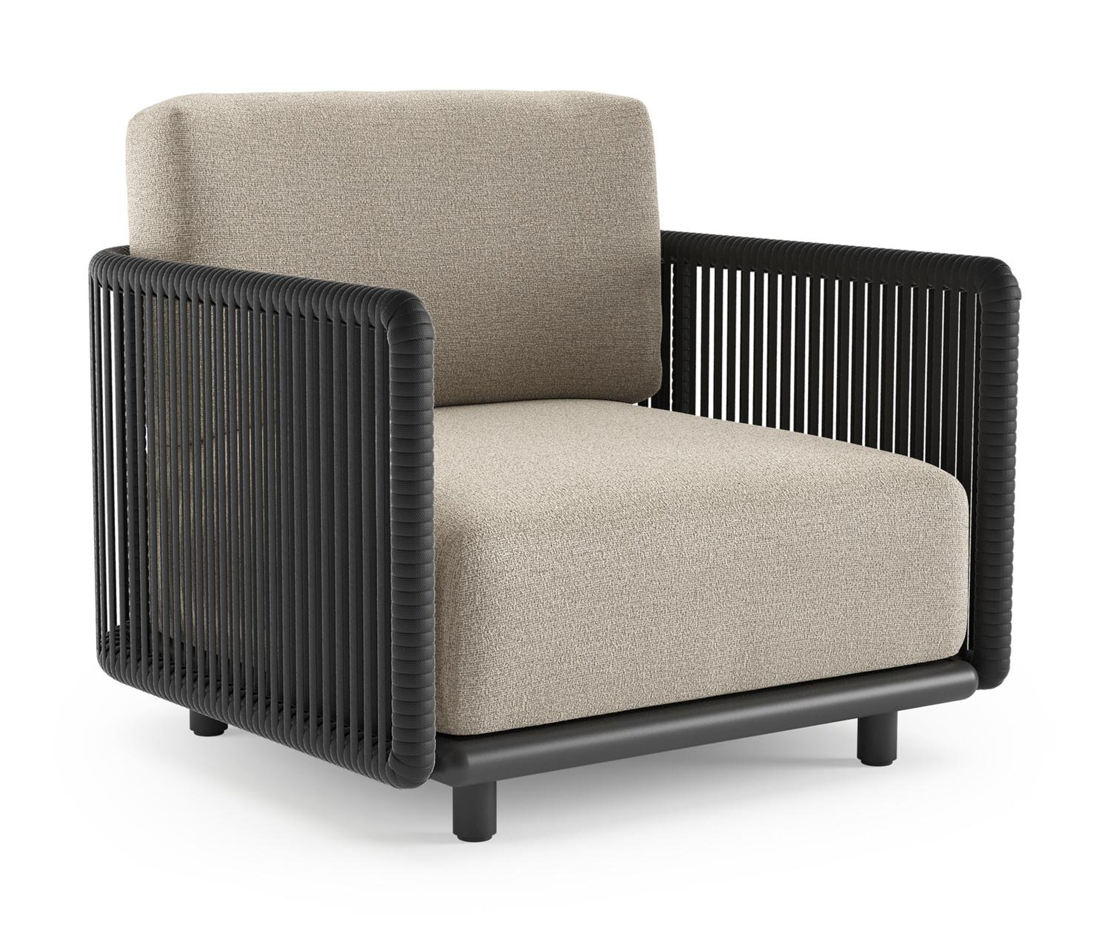 Fauteuil de jardin Organo en aluminium noir et corde luxe plate tissée verticalement noir et coussin en all weather Cosytica catania sand