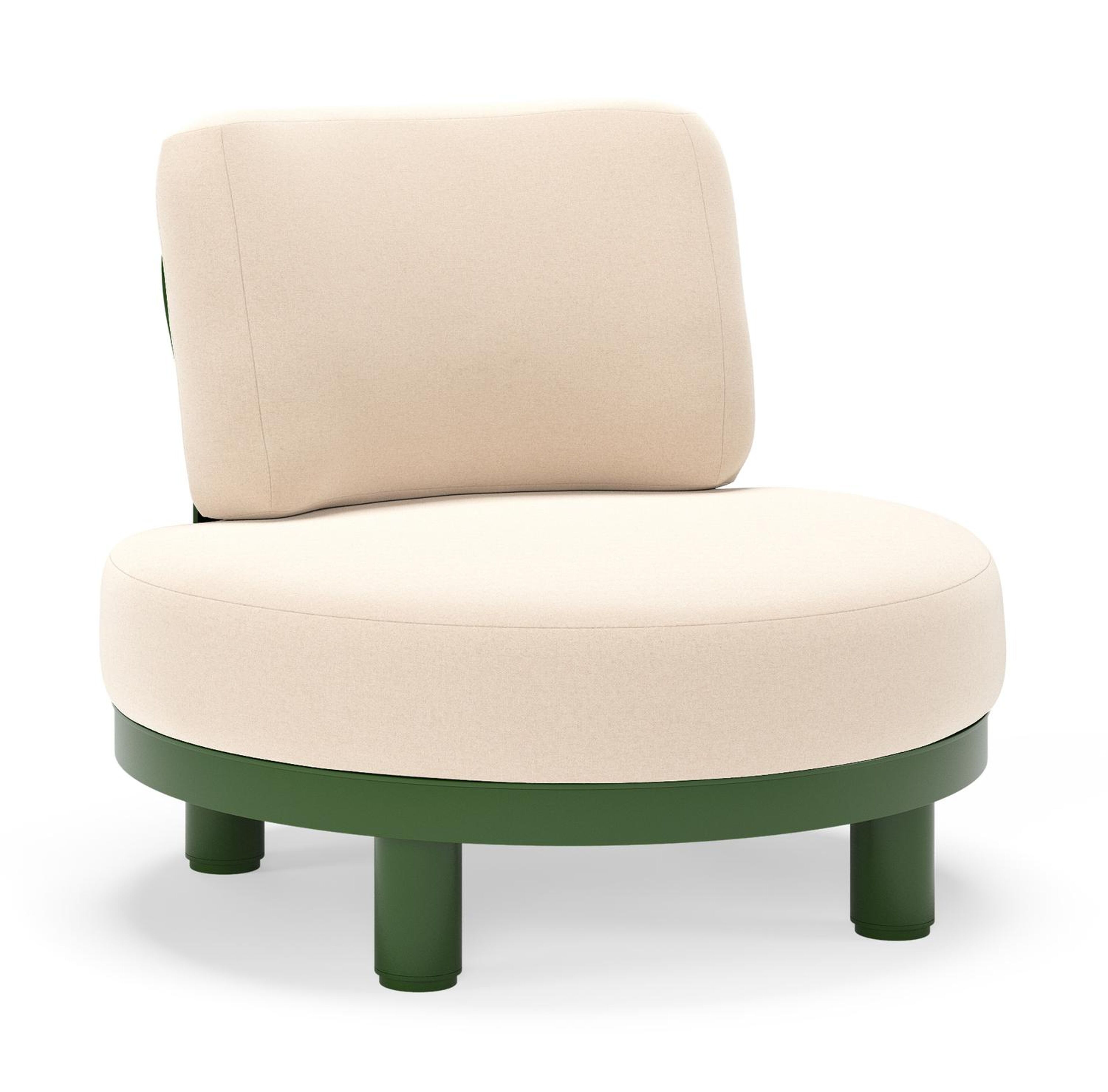 Fauteuil de jardin Donato en aluminium vert et coussins en all weather sunbrella® luxe Natte Linen Chalk