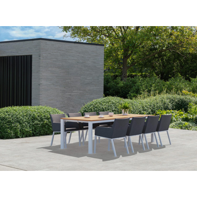 Trente tuinset in wit aluminium en naturel teak tafelblad met 8 Rivo tuinstoelen