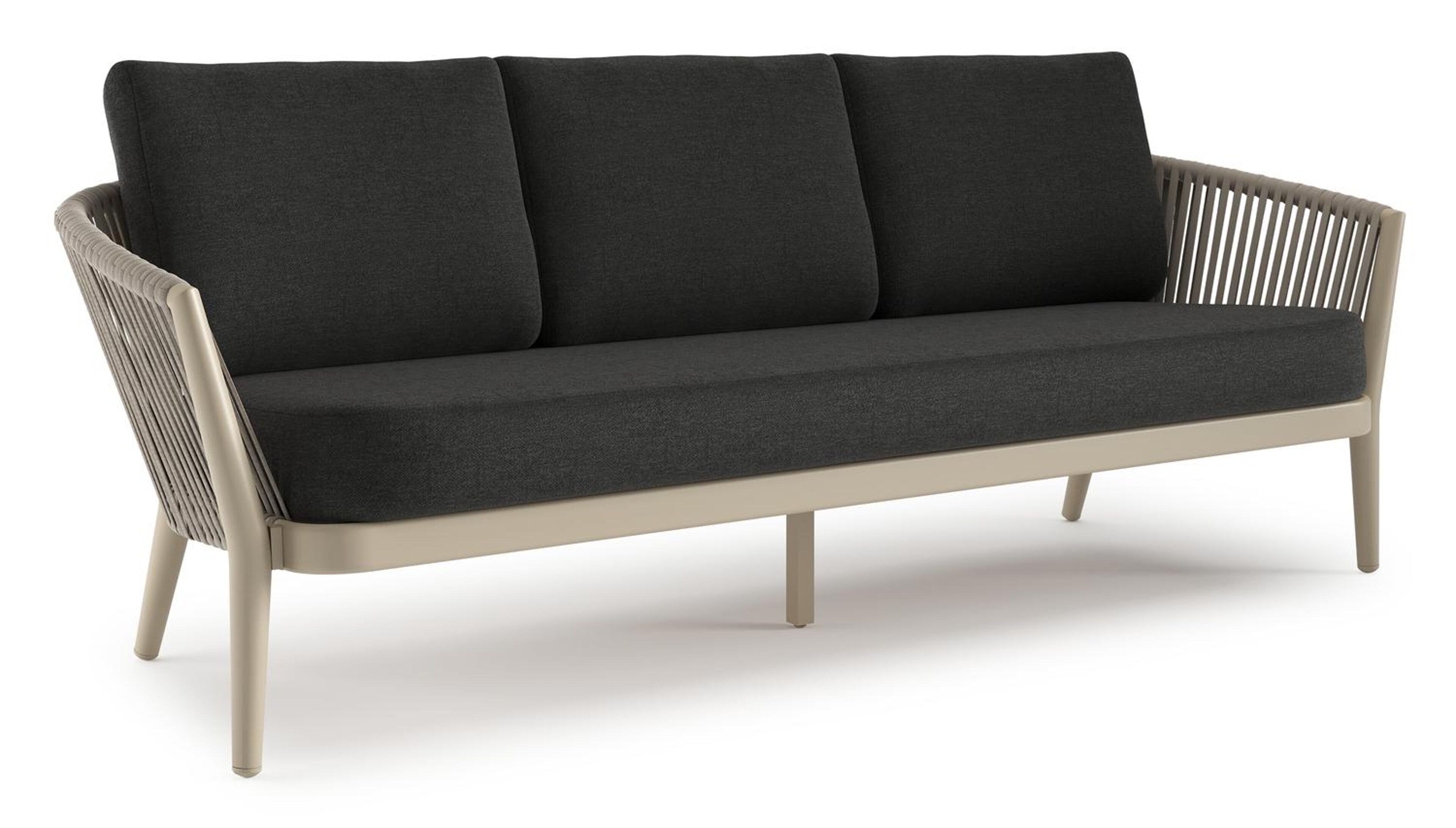 Canapé de jardin Orso en aluminium beige en corde luxe plate tissée verticalement beige et coussins en all weather sunbrella® luxe Chartres Sooty