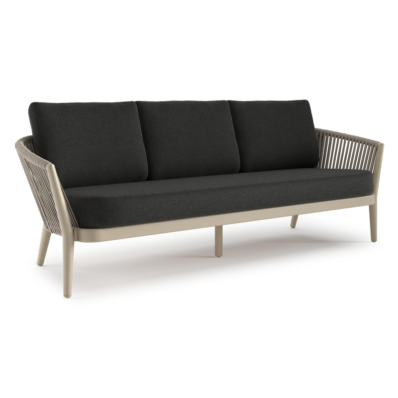 Orso loungebank in beige aluminium en beige verticaal geweven ronde rope met Chartres Sooty all weather sunbrella® luxe kussen