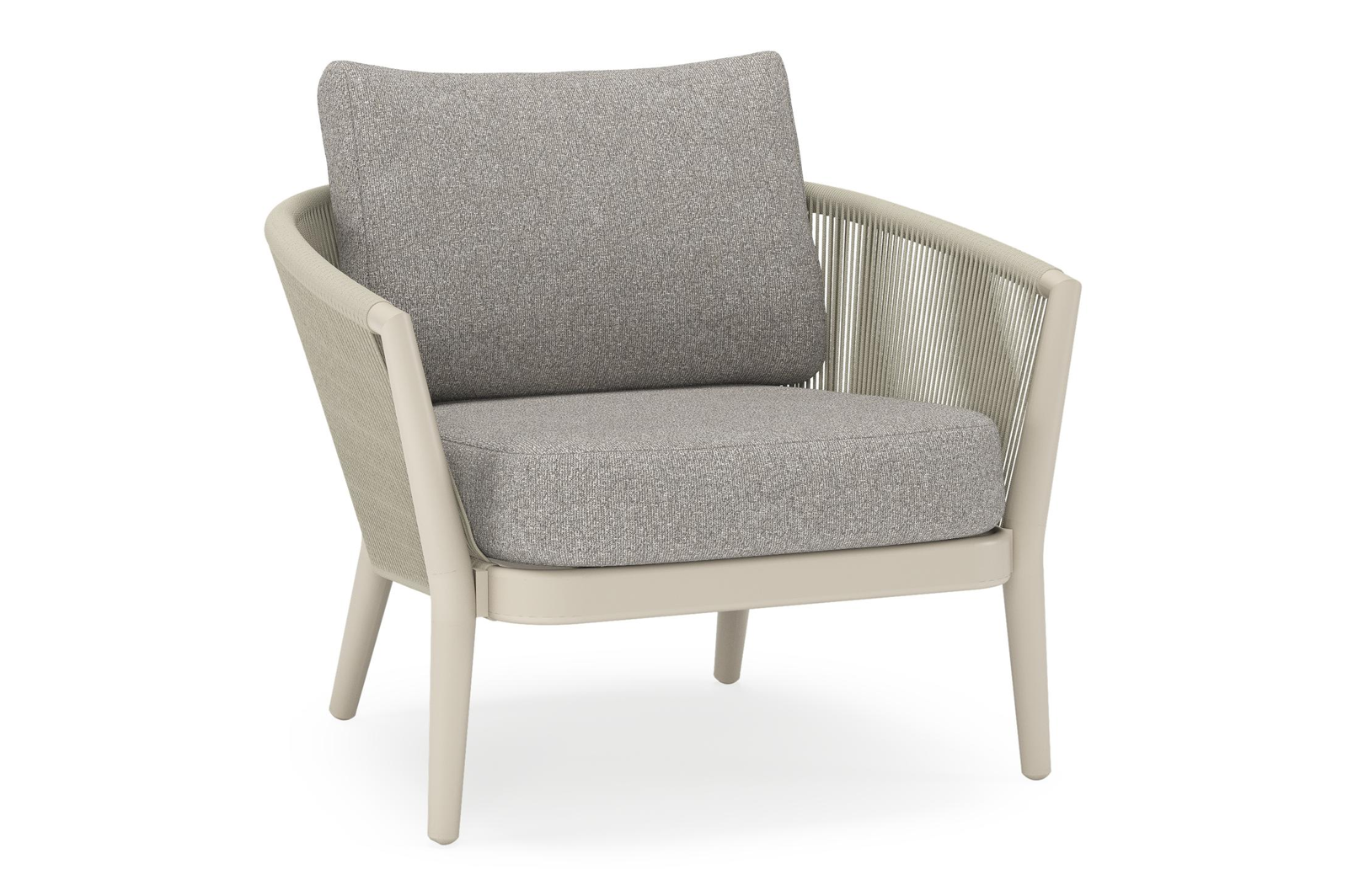 Fauteuil de jardin Orso en aluminium beige en corde ronde tissée verticalement beige et coussins en all weather sunbrella® luxe Tundra Charcoal