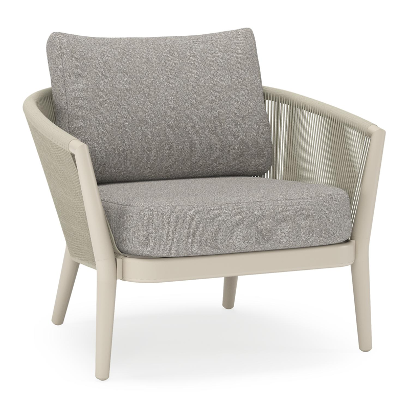 Fauteuil de jardin Orso en aluminium beige en corde ronde tissée verticalement beige et coussins en all weather sunbrella® luxe Tundra Charcoal