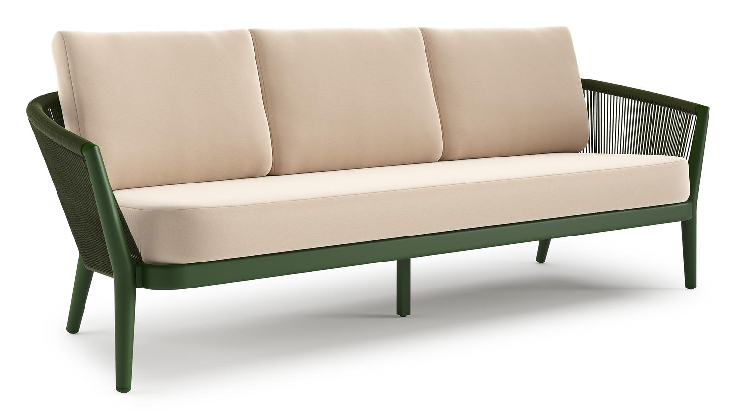 Orso loungebank in groen aluminium en groen verticaal geweven ronde rope met Natte Linen Chalk all weather sunbrella® luxe kussen