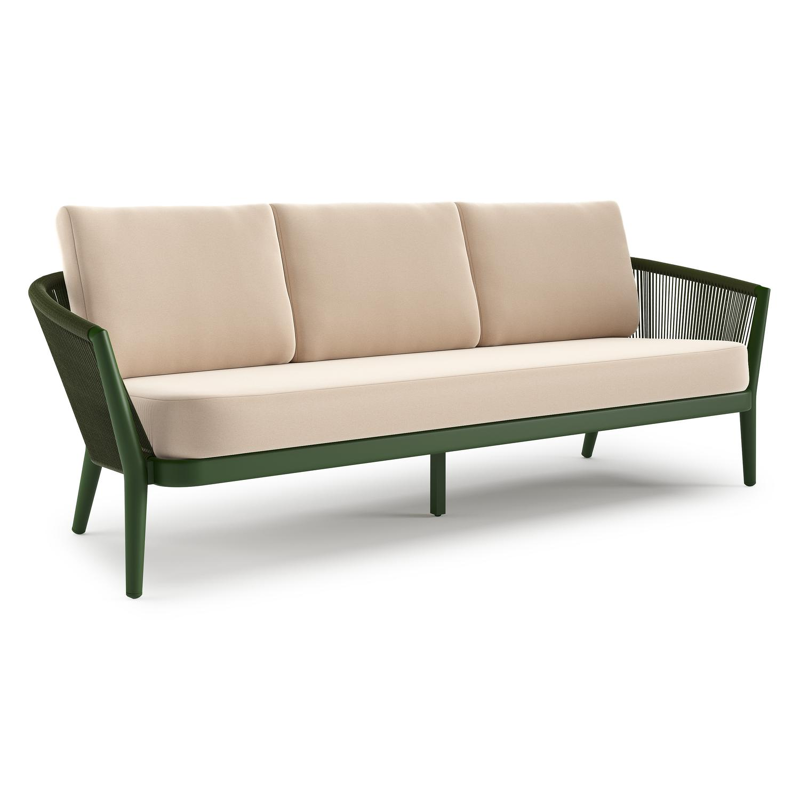 Orso loungebank in groen aluminium en groen verticaal geweven ronde rope met Natte Linen Chalk all weather sunbrella® luxe kussen