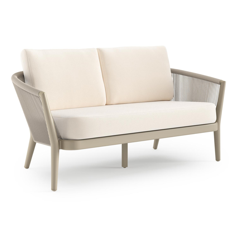 Orso loungebank in beige aluminium en beige verticaal geweven ronde rope met Lopi Snow all weather sunbrella® luxe kussen