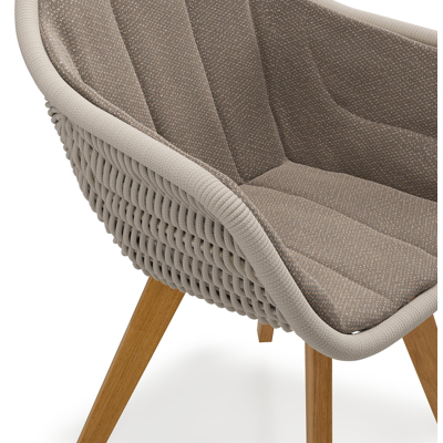 Pagino tuinstoel in teak en beige verticaal geweven ronde rope met zitkussen in All Weather Sunbrella® Luxe Lopi Coconut