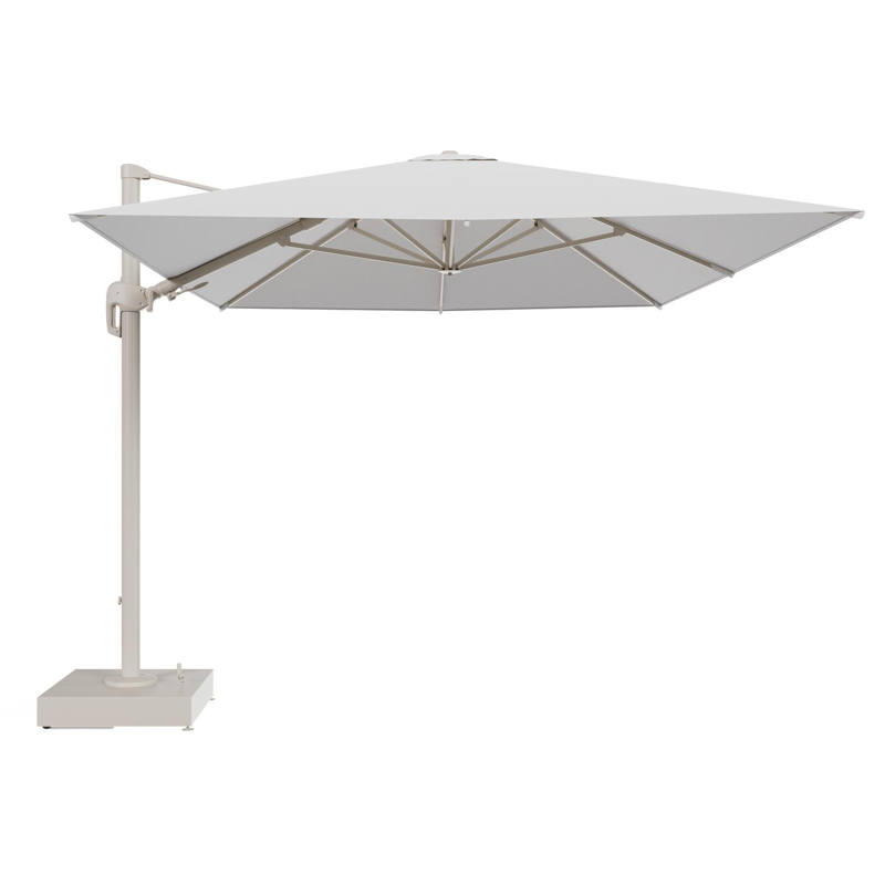 Rufina zweefparasol met tiltfunctie in beige aluminium en Ego Birch All Weather Solica parasoldoek - L1 400 x L2 300 cm met parasolvoet Minore 150 kg met wielen