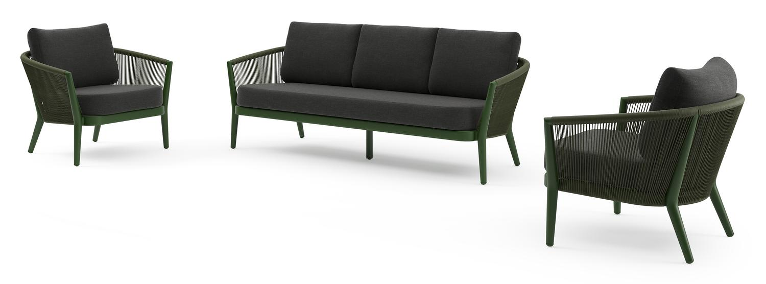 Orso loungeset in groen aluminium en groen verticaal geweven ronde rope met Chartres Sooty all weather sunbrella® luxe kussen