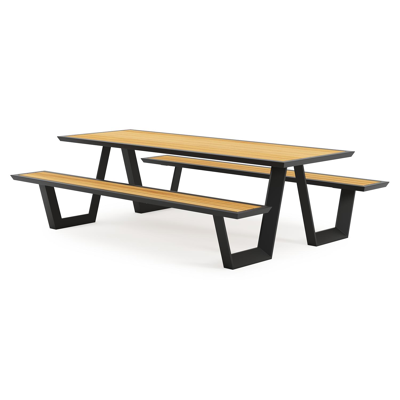 Sevilla picknicktafel in zwart aluminium en teak tafelblad - L 240 x B 175,5 x H 71 cm