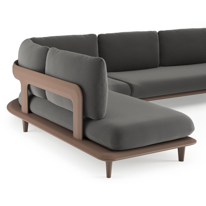 Bomero loungehoek in taupe aluminium met natte charcoal chine all weather sunbrella® luxe kussen