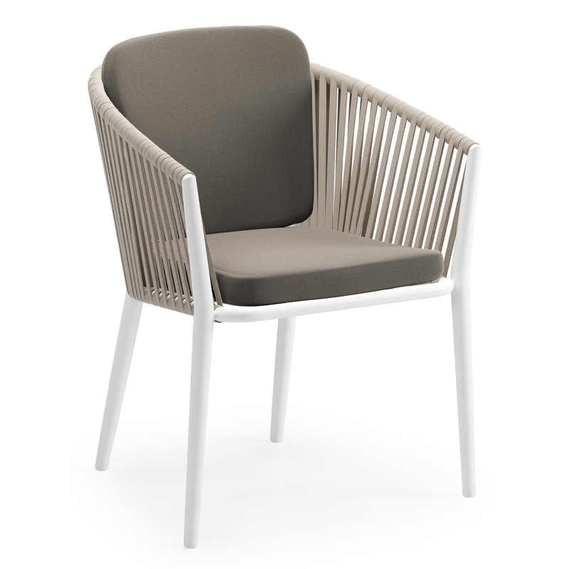 Chaise de jardin Orso en aluminium blanc et corde plate tissée verticalement beige avec coussin en All Weather Sunbrella® Luxe Natte Carbon Beige