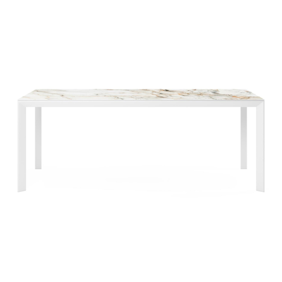 Table de jardin Malito en aluminium blanc et céramique pleine calacatta luxe - Lg 200 x Larg. 100 x H 75,5 cm