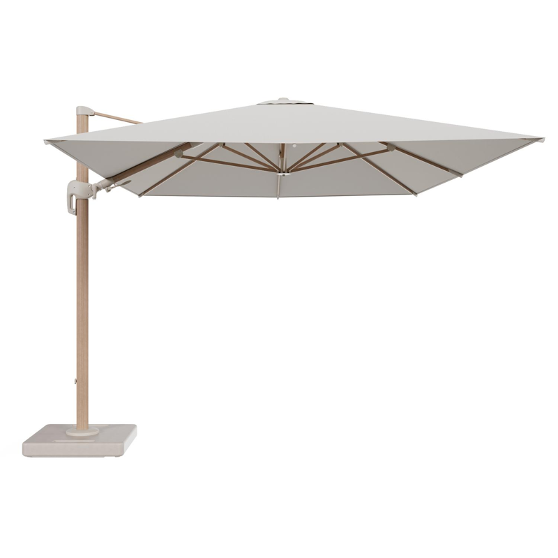 Rufina zweefparasol tiltfunctie in houtlook aluminium en parasoldoek in All Weather Sunbrella® Luxe Lopi Marble - L1 400 x L2 300 cm met parasolvoet Lapido 160 kg