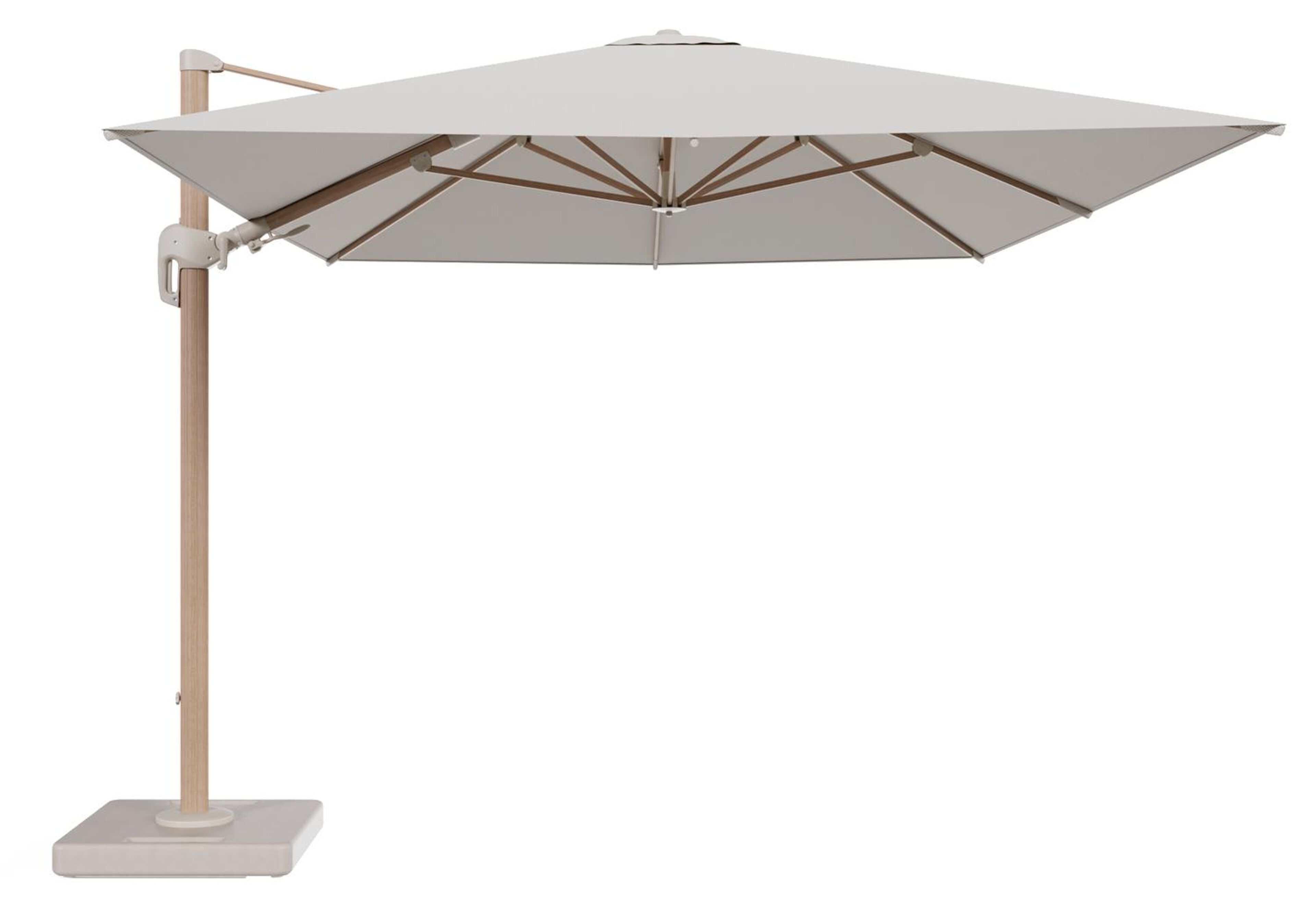 Rufina zweefparasol tiltfunctie in houtlook aluminium en parasoldoek in All Weather Sunbrella® Luxe Lopi Marble - L1 400 x L2 300 cm met parasolvoet Lapido 160 kg