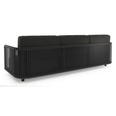 Organo loungebank 3-zit in zwart aluminium en zwart verticaal geweven luxe vlakke rope met chartres sooty all weather sunbrella® luxe kussen