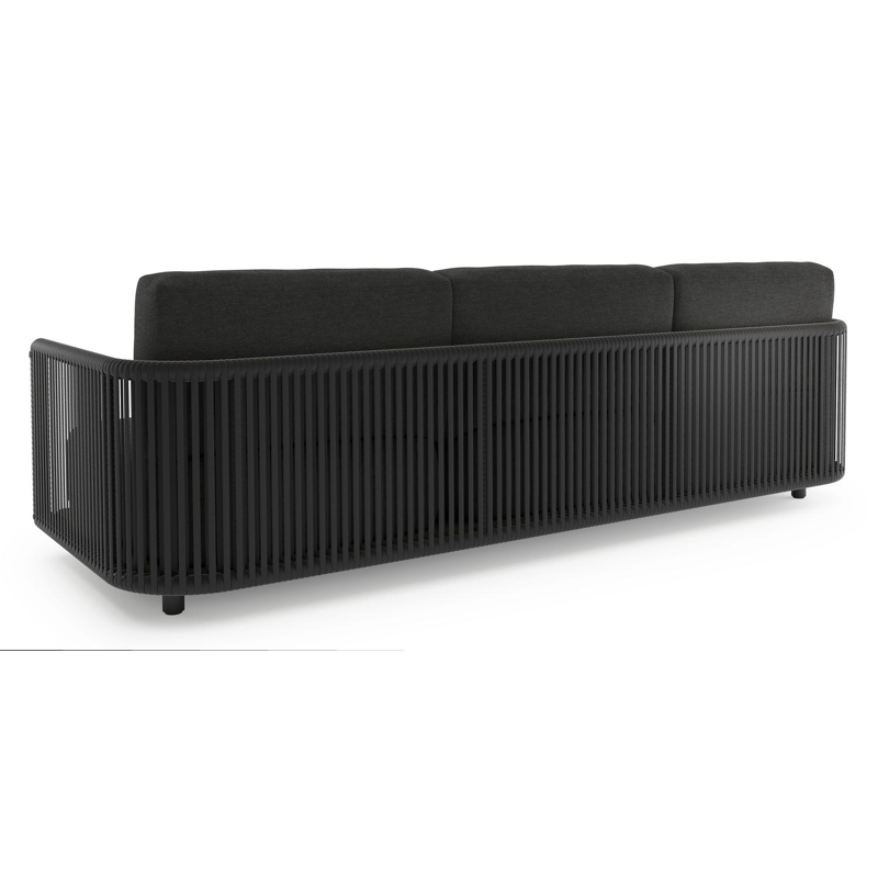 Organo loungebank 3-zit in zwart aluminium en zwart verticaal geweven luxe vlakke rope met chartres sooty all weather sunbrella® luxe kussen