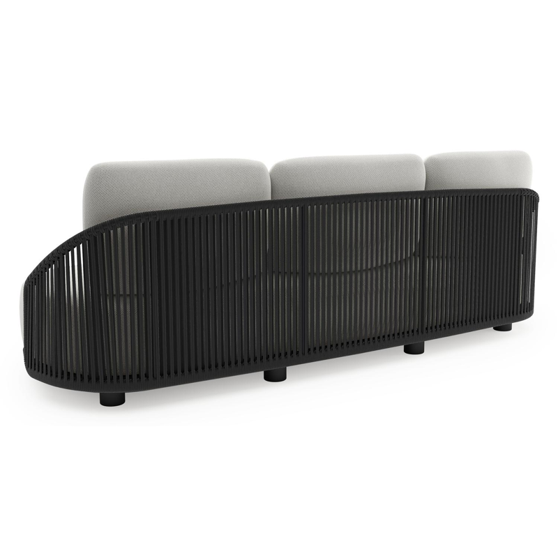 Canapé de jardin Vadelo en aluminium noir et corde ronde tissée verticalement noir et coussins en all weather sunbrella® luxe lopi ash