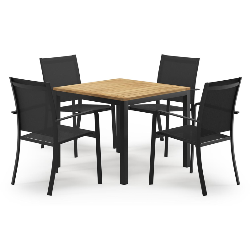 Feltro ensemble de jardin carré en aluminium noir en teck natural finish avec 4 chaises de jardin Calobra
