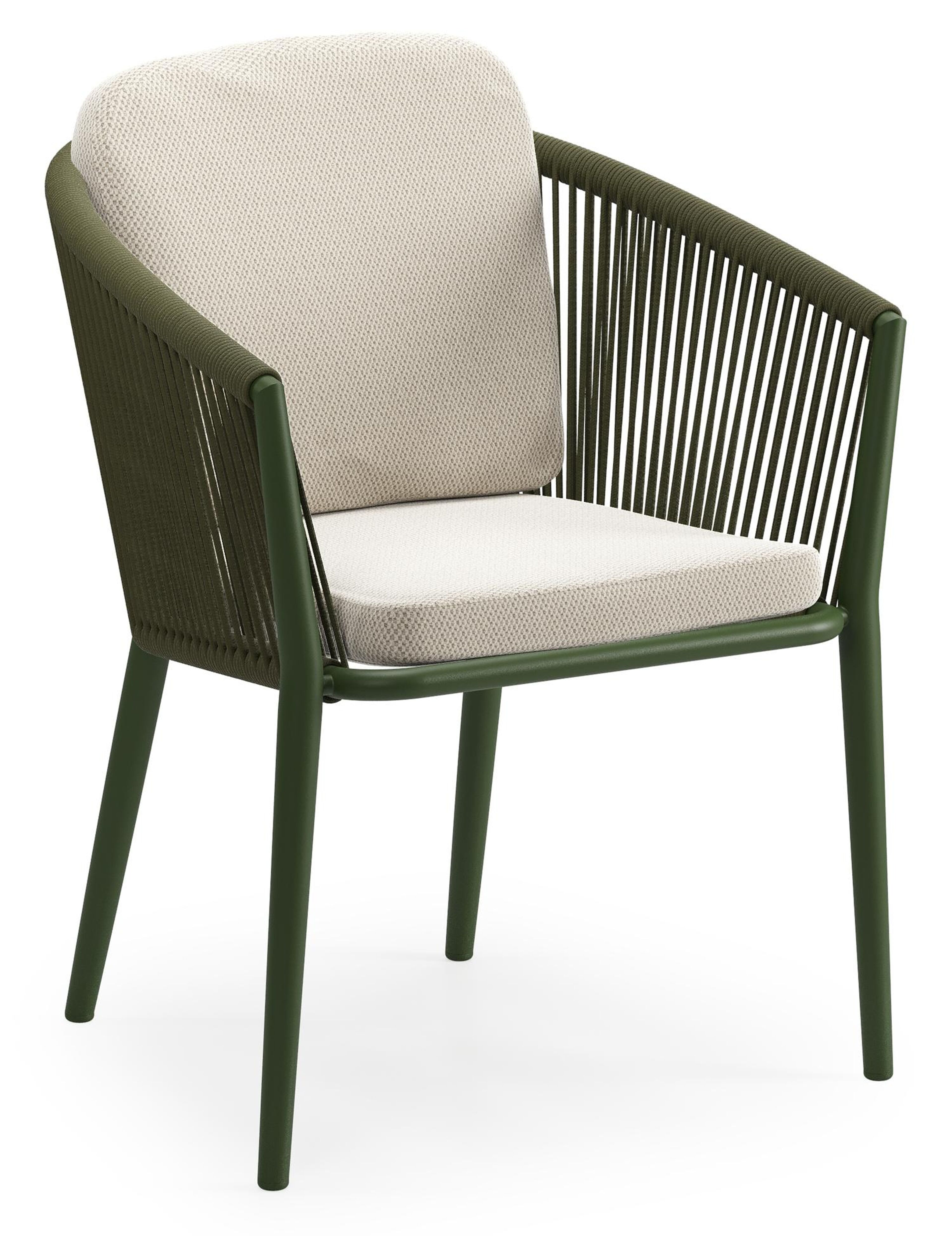 Orso tuinstoel in groen aluminium en groen verticaal geweven ronde rope met luxe zitkussen in All Weather Sunbrella® Luxe Lopi Marble