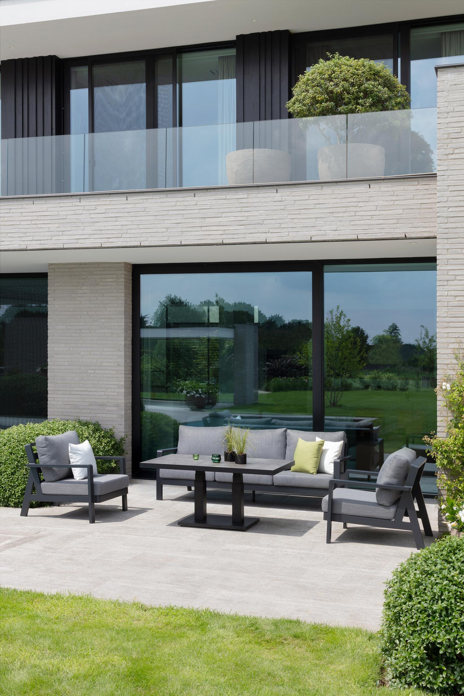 Pop-up loungetafel in zwart aluminium en grijs volkeramiek - L 140 x B 85 x H 72 cm