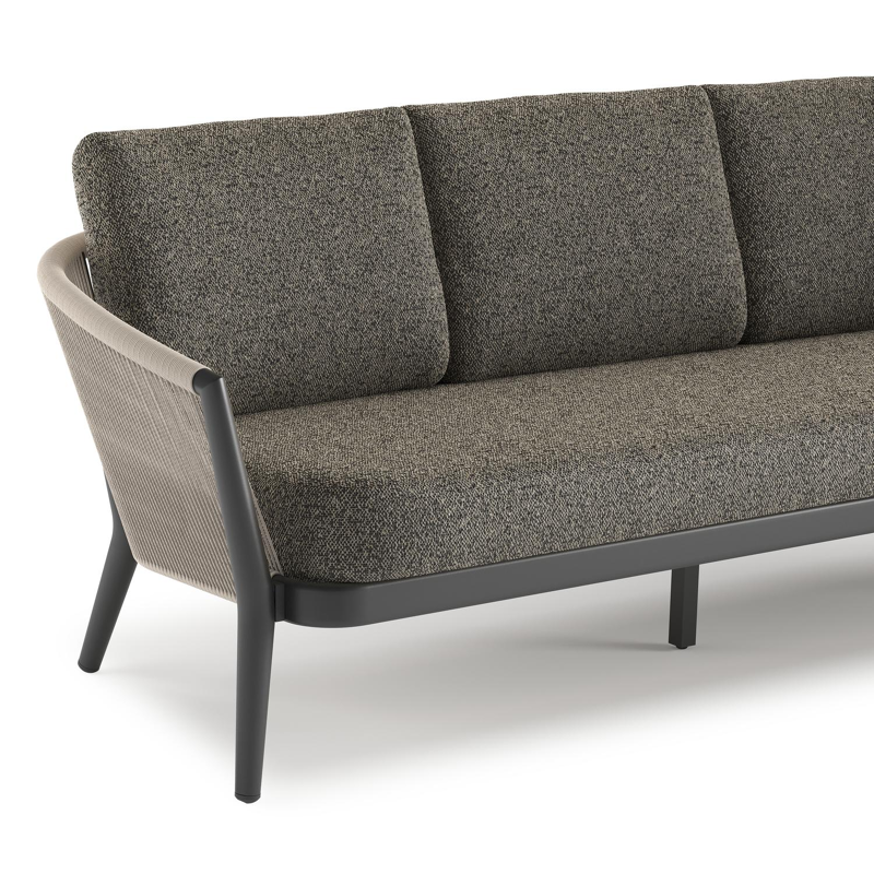 Orso loungeset in zwart aluminium en beige verticaal geweven ronde rope met Marbella Tunder all weather cosytica kussen