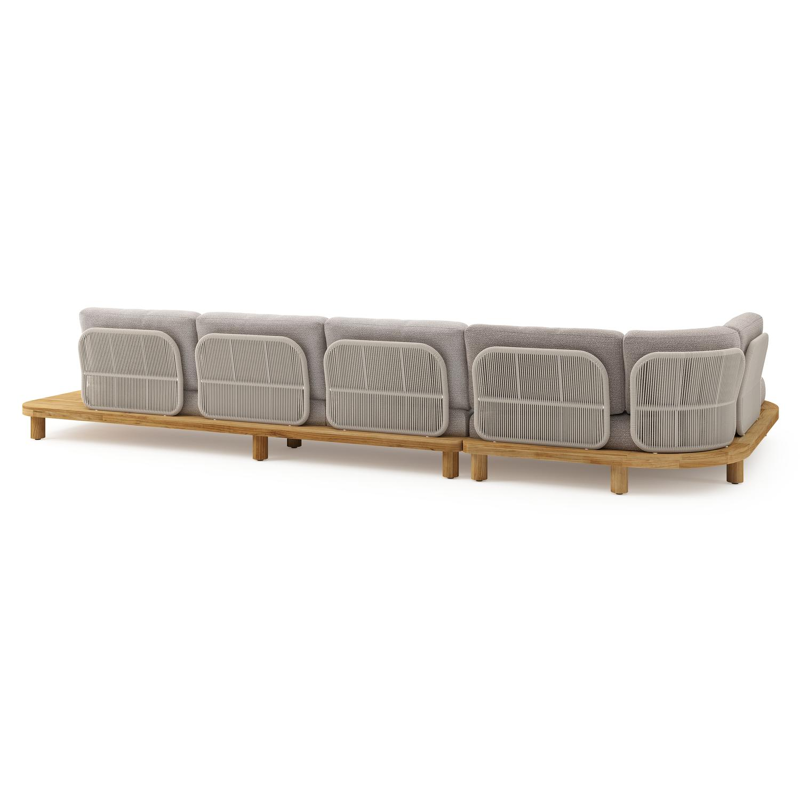 Donato loungehoek in teak en beige verticaal geweven ronde rope met all weather sunbrella® luxe Wander Granite kussen