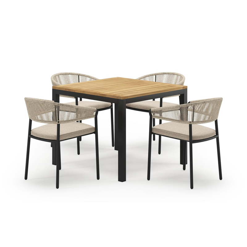 Feltro vierkante tuinset in zwart aluminium en teak natural finish met 4 Zamora tuinstoelen