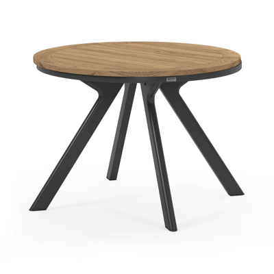 Viaro tuinset in zwart aluminium en colour finish teak tafelblad met 4 stapelbare Calobra tuinstoelen