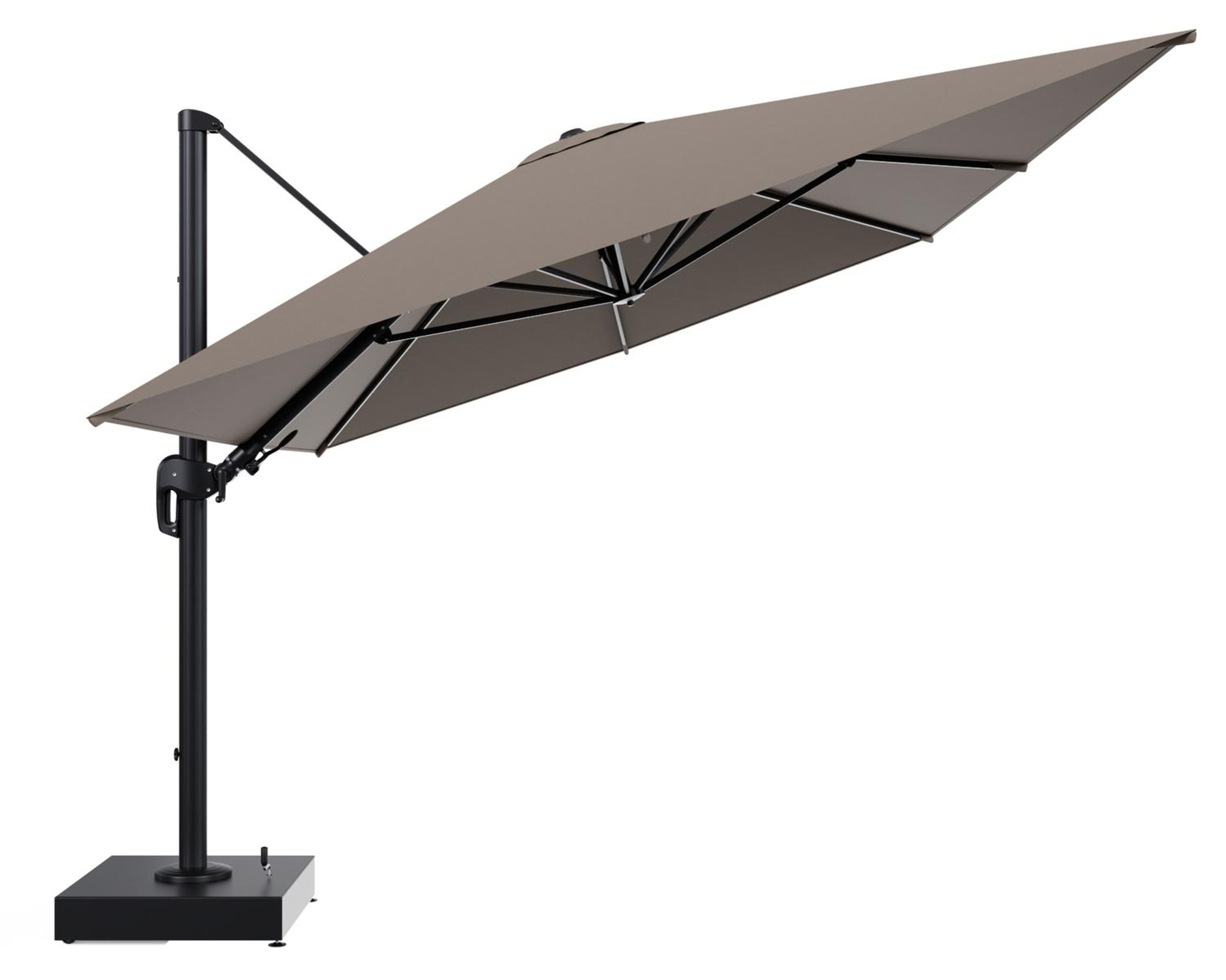 Parasol pendant Rufina tilt en aluminium noir et toile All Weather Sunbrella® Luxe Natte Heather Grey - Lg.1 400 x Lg.2 300 cm avec pied de parasol Minore 150 kg avec roulettes