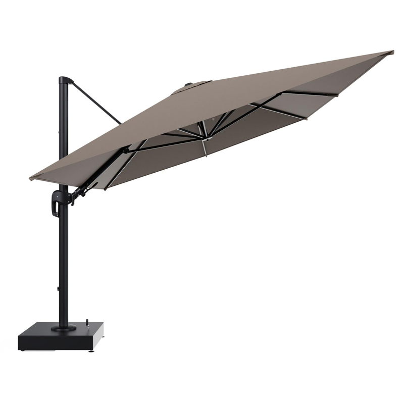 Rufina zweefparasol met tiltfunctie in zwart aluminium en Natte Heather Grey All Weather Sunbrella® Luxe parasoldoek - L1 400 x L2 300 cm met parasolvoet Minore 150 kg met wielen