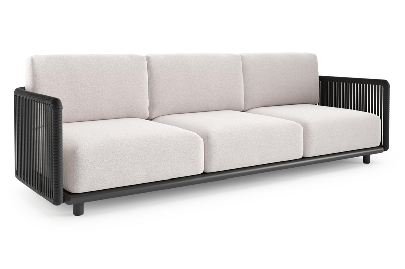 Organo loungebank in zwart aluminium en zwart verticaal geweven luxe vlakke rope met ego eggshell all weather Solica kussen